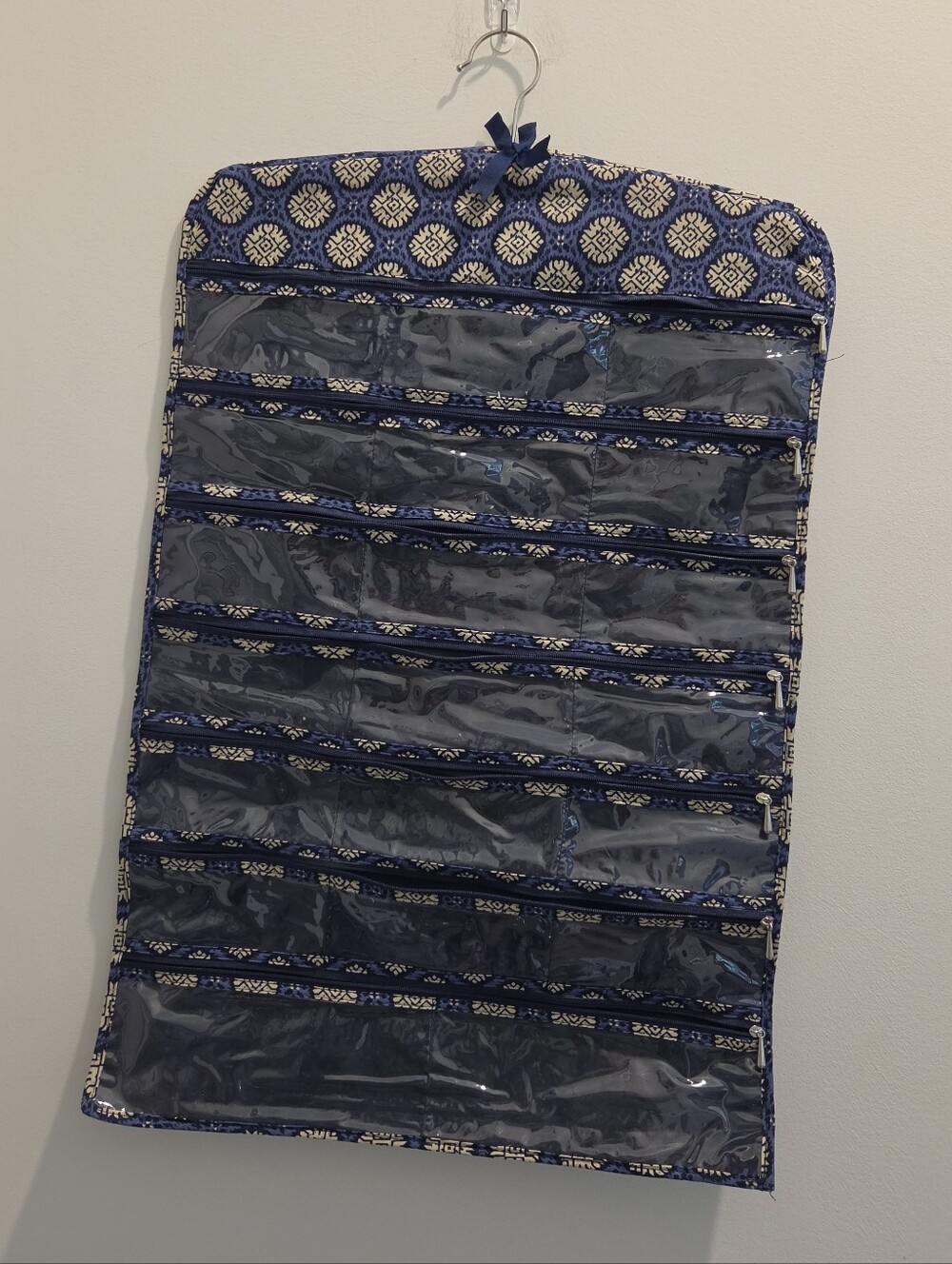 Blue And Cream Jewelry Organizer Hanger With Clear Zip Pockets